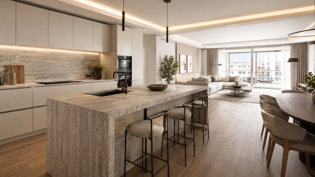 Kitchens open to the living room: which countertop to choose to integrate the spaces